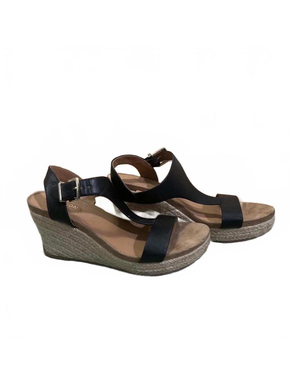 Kenneth Cole Reaction Womens Black Faux Leather Espadrille Wedge Sandals Size 7